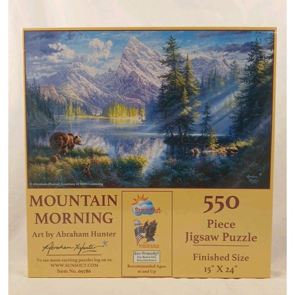 SunsOut 550 PC Jigsaw Puzzle-"MOUNTAIN MORNING" by Abraham Hunter-Bears-NEW!